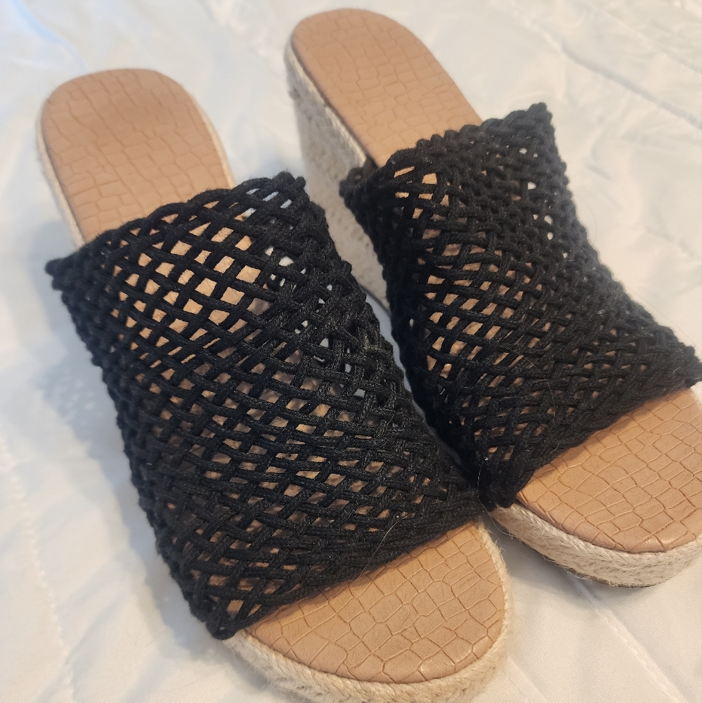 Espadrilles,Summer Wedge Shoes, black woven upper with jute wrapped wedge heel.